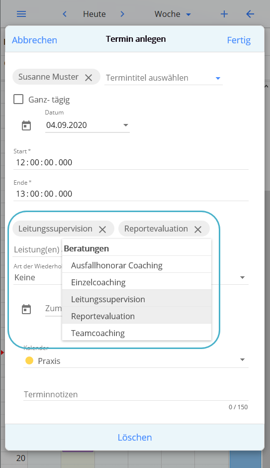 Eingabe von Leistungen