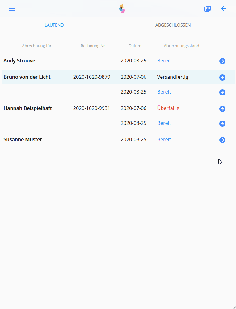 Screenshot Abrechnungen